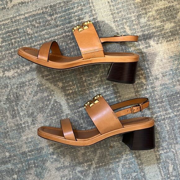 Tory Burch Women's Eleanor Block Heel Leather Sandals Size 9 Brandy Cognac Brown - Picture 4 of 6